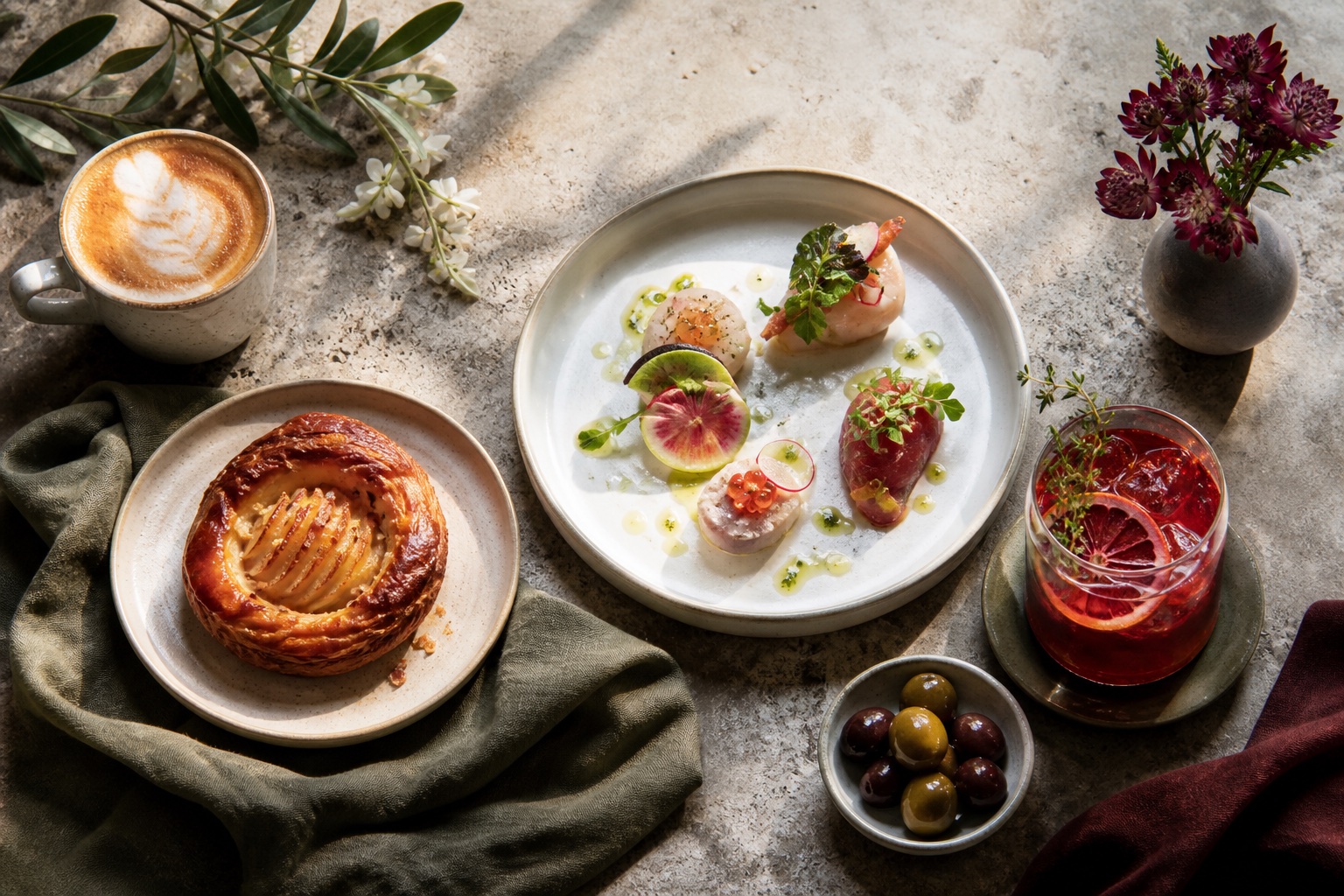 Editorial arrangement of coffee, pastry, seasonal food and a cocktail
