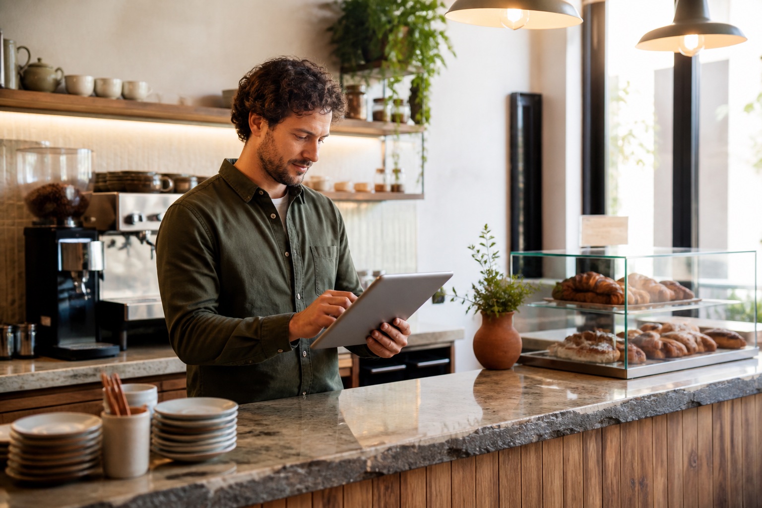 Independent cafe owner managing a menu from a tablet